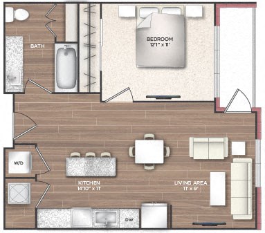 Floor plan for 1 bed, 1 bath, 701 sqft
